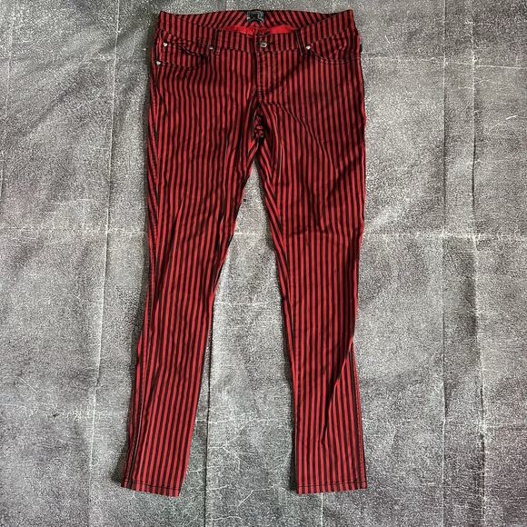 Womens Vintage Y2K Tripp NYC Red Black Rave Striped Skinny Pants Sz 11 (33 X 31) - Picture 1 of 5